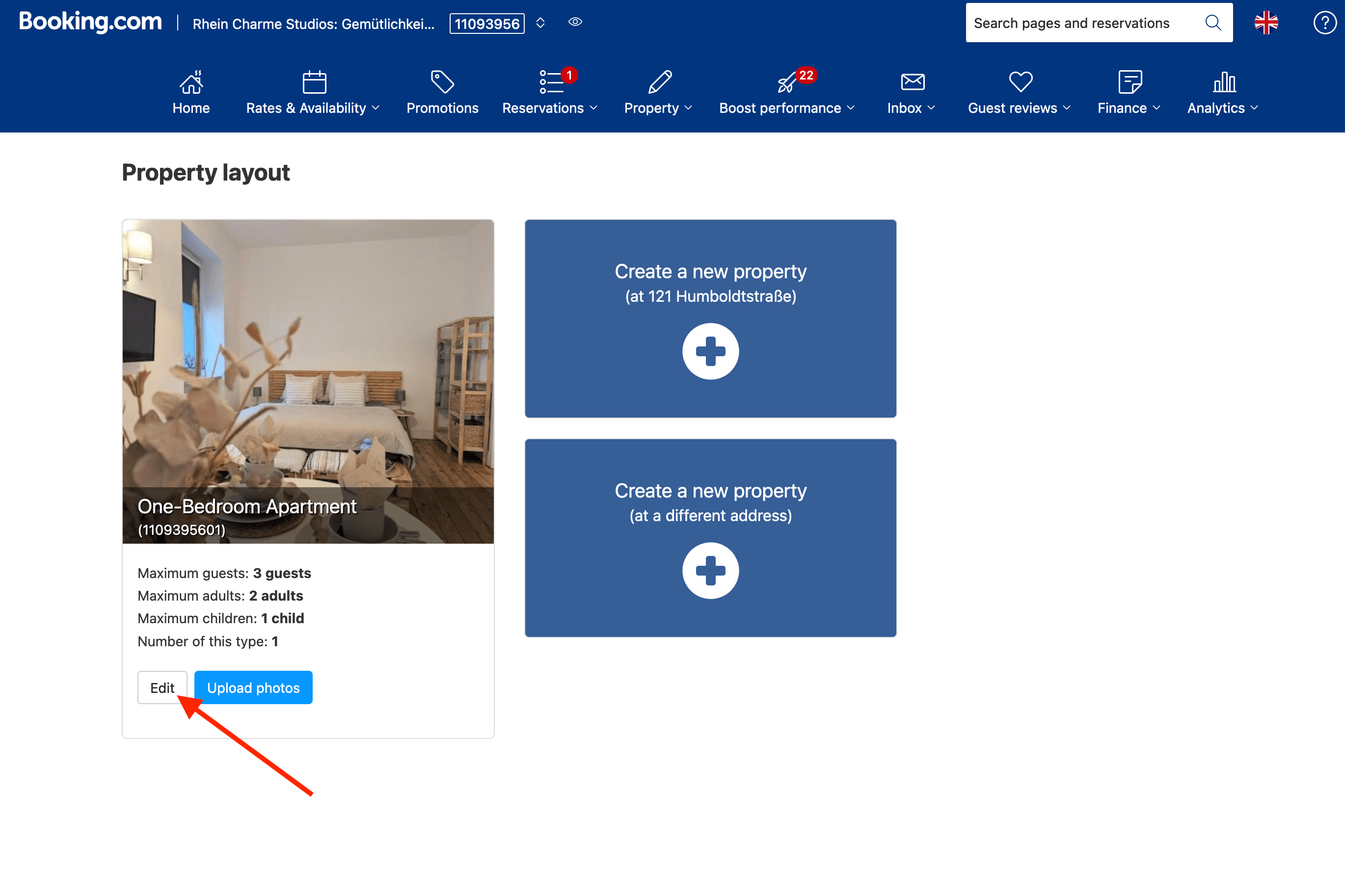Step-by-step navigation through Booking.com admin interface to Property Layout