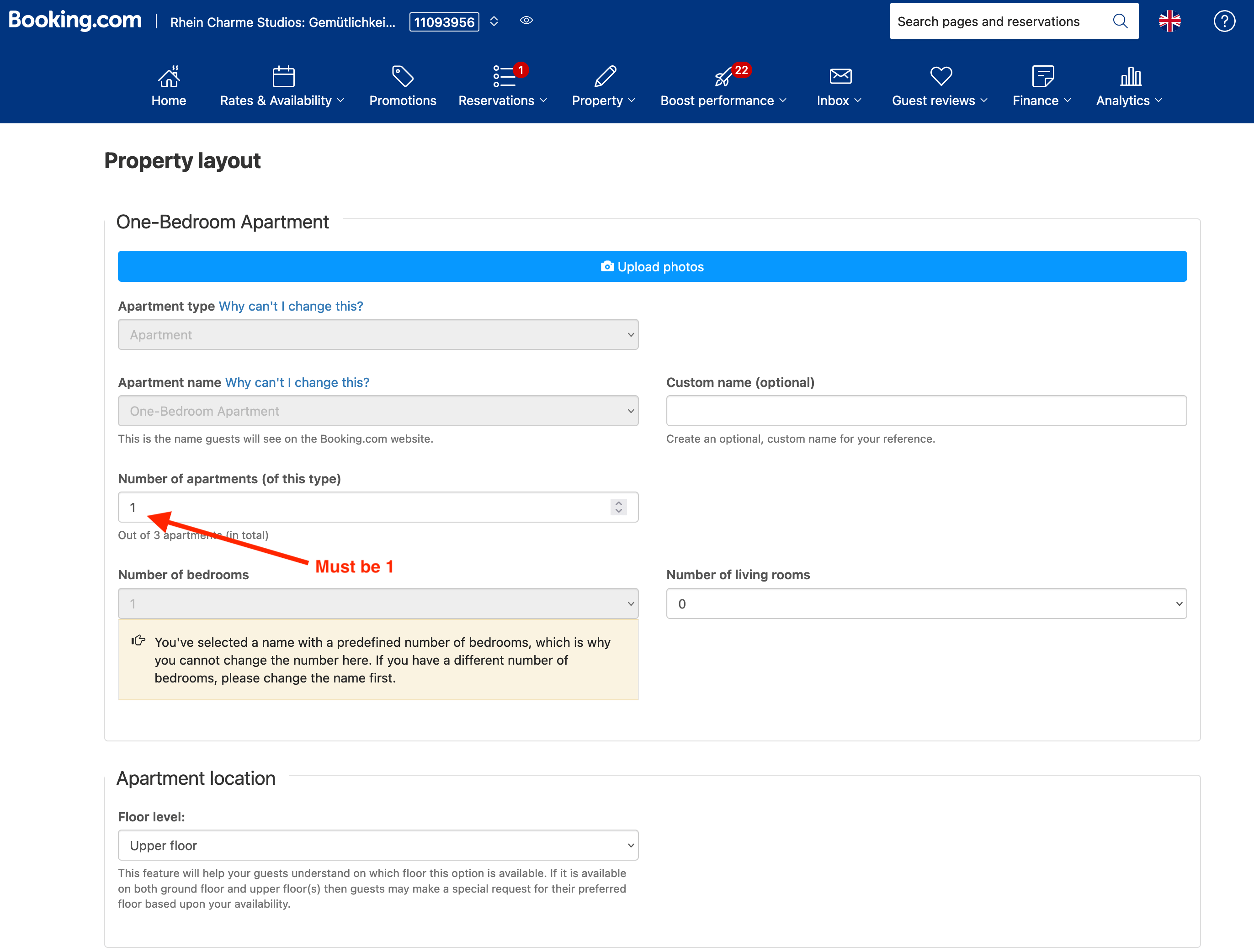Correct setting adjustment in Booking.com's Property Layout menu for calendar sync